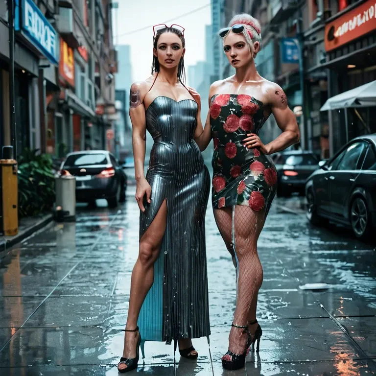 2girl, , , , eyewear on head,biceps,flat chest,bent at waist,shoulder tattoo, floral dress,striped clothes,collared,mesh bodysuit,stiletto heels, showering, city background, cyberpunk, phone exposure, illustration, dark, princess peach, spider-gwen, waifu