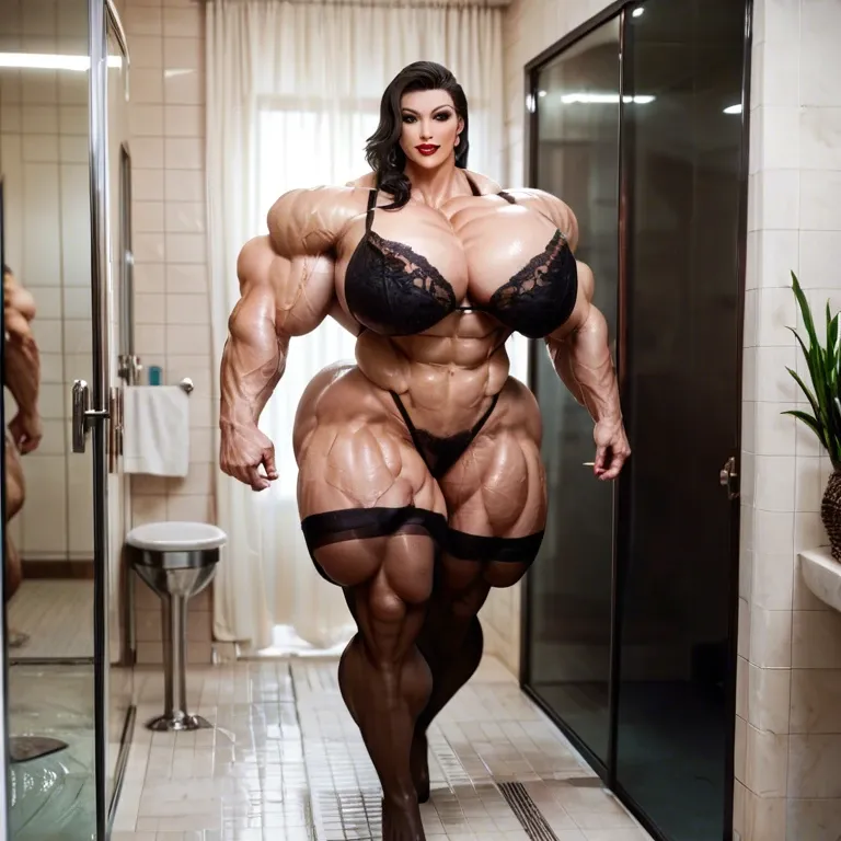 Asami Sato, hyper massive muscles female, massive muscles buffet, hyper gigantic muscles mass, hyper gigant muscles, hyper giant muscles, hyper muscle tank, pectorales, Black Lingerie and Stockings, big hairy pussy, bathroom, futa