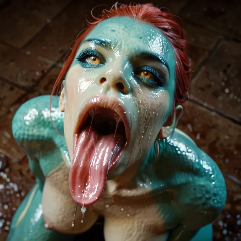 yellow female reptile eyes, amphibian skin, turquoise skin, twisted tongue, open mouth, nude breasts, kneeling, looking up, long tongue, twisted tongue, drooling, spit, oiled skin, slimey skin, long tongue, bald, toothless, curved tongue, reptile skin, slimey skin,  female dragon head, eye contact, sucking, blowjob