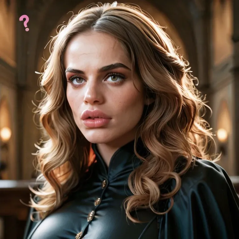 Hermione Granger, black robes, hyper lips, thick lips, pink question marks