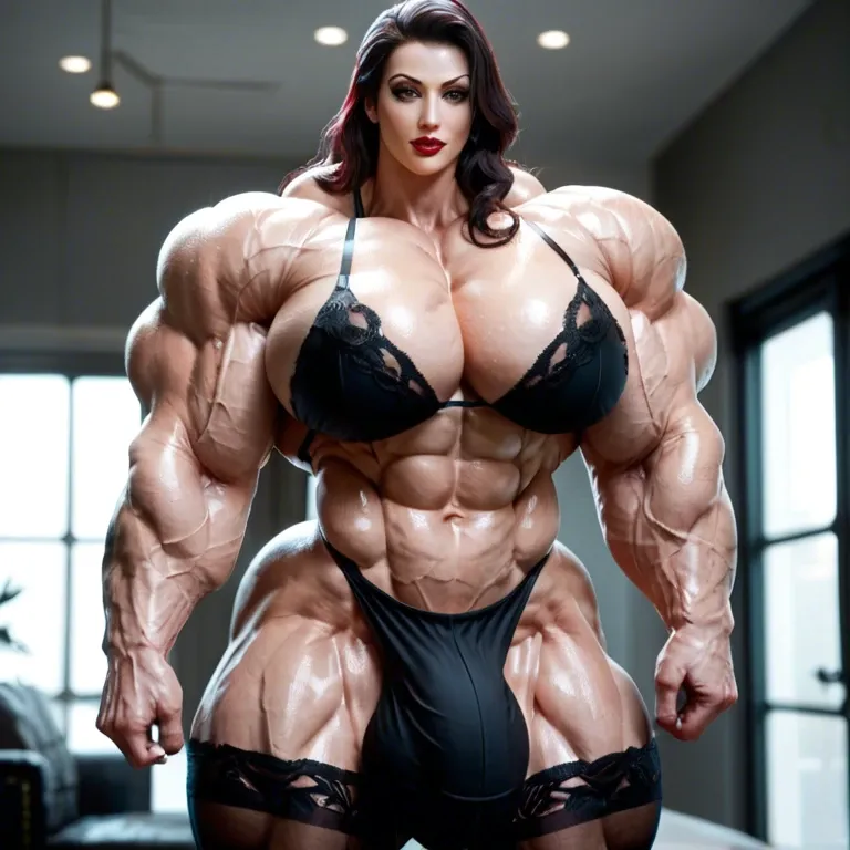 Asami Sato, hyper massive muscles female, massive muscles buffet, hyper gigantic muscles mass, hyper gigant muscles, hyper giant muscles, hyper muscle tank, pectorales, Black Lingerie and Stockings, bigger Futanari Cock bulge, bathroom