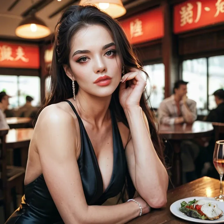 Japanese brunette woman having dinner in a fancy restaurant in a black dress