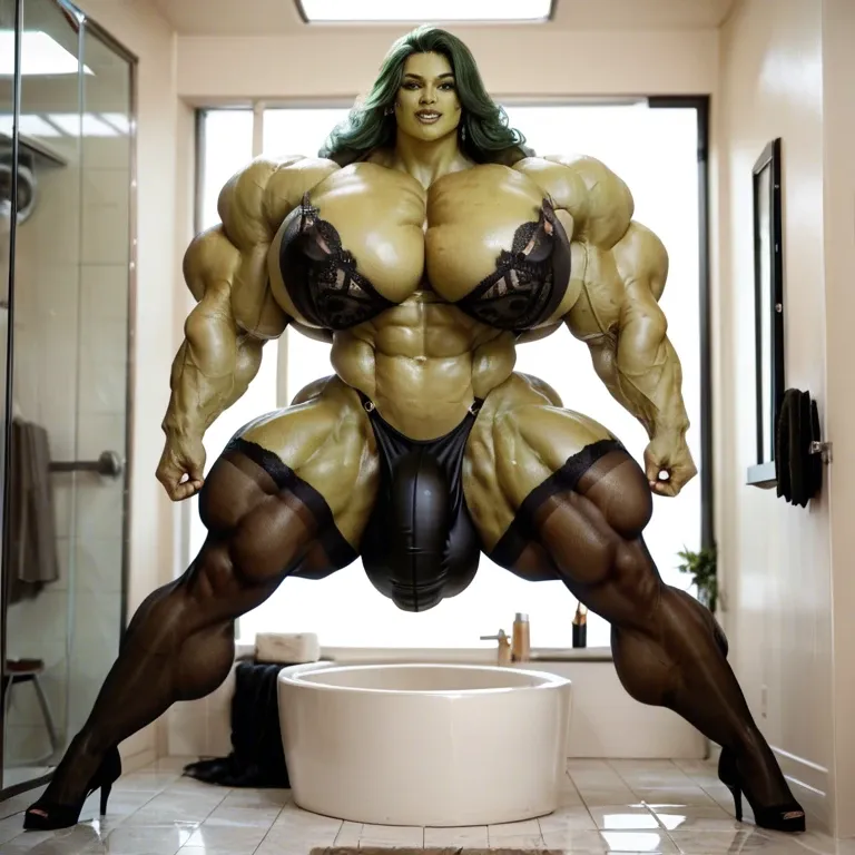 She Hulk, hyper massive muscles female, massive muscles buff, hyper gigantic muscles mass, hyper gigant muscles, hyper giant muscles, hyper muscle tank, pectorales, Black Lingerie and Stockings, bigger Futanari Cock bulge, bathroom,