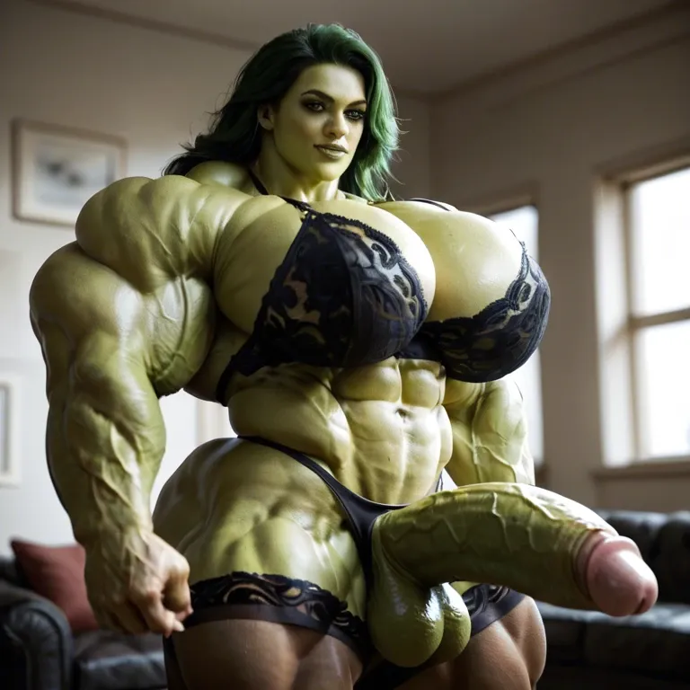 She Hulk, hyper massive muscles female, massive muscles buffet, hyper gigantic muscles mass, hyper gigant muscles, hyper giant muscles, hyper muscle tank, pectorales, pecs, Black Lingerie and Stockings, bigger Futanari Cock bulge, bathroom,