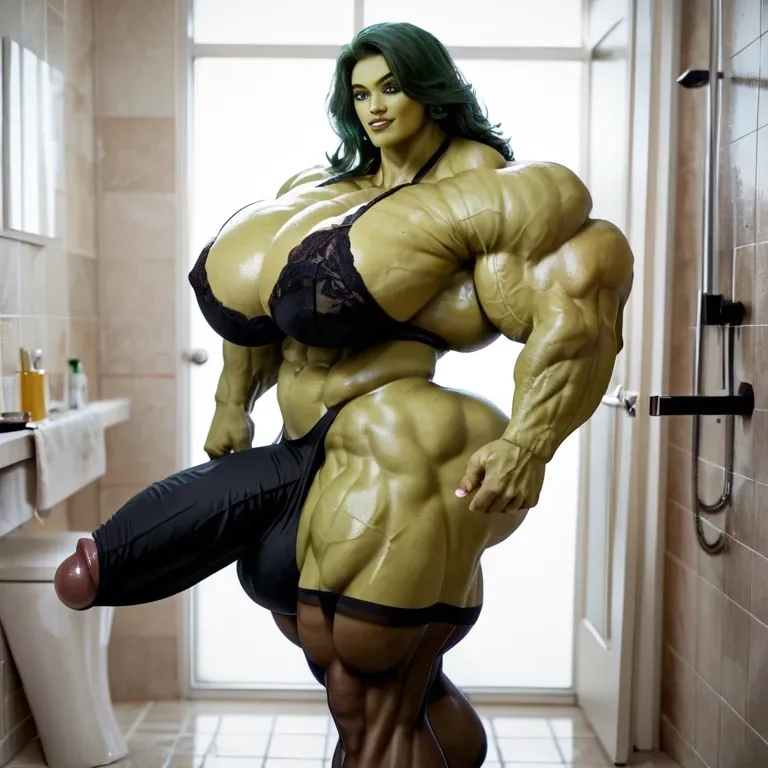 She Hulk, hyper massive muscles female, massive muscles buffet, hyper gigantic muscles mass, hyper gigant muscles, hyper giant muscles, pectorales, pecs, Black Lingerie and Stockings, bigger Futanari Cock bulge, bathroom,