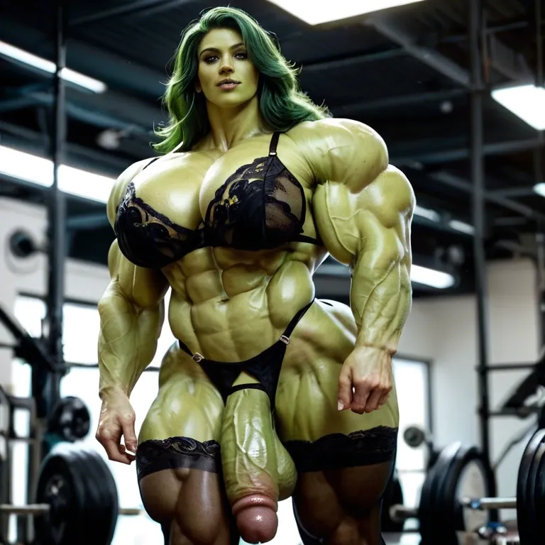 She Hulk, hyper massive muscles female, massive muscles buffet, hyper gigantic muscles mass, hyper gigant muscles, hyper giant muscles, hyper muscle tank, pectorales, pecs, Black Lingerie and Stockings, bigger Futanari Cock bulge, bathroom,