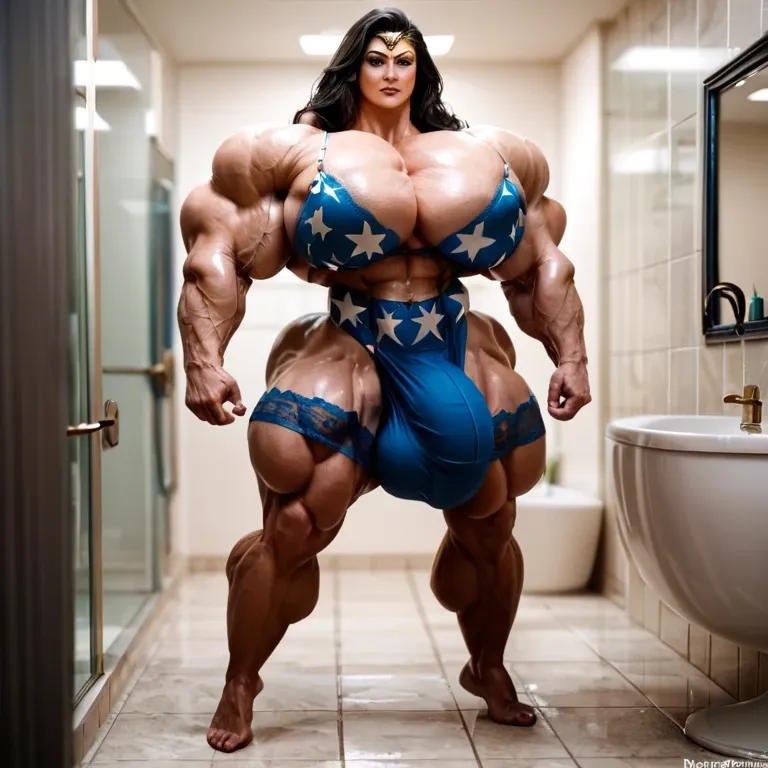 Tomboy wonder woman, hyper massive muscles female, massive muscles buffet, hyper gigantic muscles mass, hyper gigant muscles, hyper giant muscles, hyper muscle tank, pectorales, lingerie stockings, bigger Futanari Cock bulge, bathroom