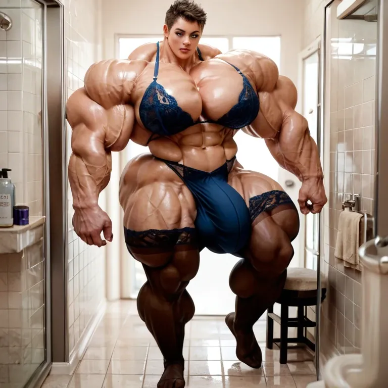 Tomboy, hyper massive muscles female, massive muscles buffet, hyper gigantic muscles mass, hyper gigant muscles, hyper giant muscles, hyper muscle tank, pectorales, lingerie stockings, bigger Futanari Cock bulge, bathroom