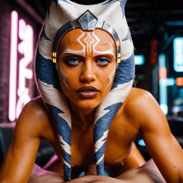 Pov photo, ULTRA REALISTIC femboy ahsoka tano, in a futuristic cyberpunk sex club,  wild neon, neon colored lights, realistic orange skin, topless, realistic detailed face and eyes, high definition HD 8K, realistic vibrant lighting, no text, unique view, extreme close-up, extreme close-up, extreme close-up, pov sucking you off cumshot, cowgirl position, you can feel her breath, athletic arms, pov blowjob, graphic sex scene, super detail, cum dripping into her mouth, cum dumpster