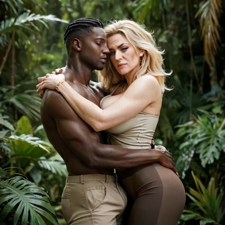 Jungle. Blonde milf. Messy hair. Tired. Safari. Sexy leopard tights. BBC. Interracial. Black men. Two black men. Cocks out of pants. Hugging. Cuddling