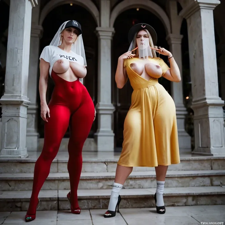 2girl, , , , molest,sucking finger,molded nipples,big hips,very pale skin, t-shirt,socks,veil,maroon bodysuit,heels, yellow dress,baggy socks,black hat,blue bra,armored boots, bathroom, cyberpunk, unleashed, zelda, wonder woman, miku hatsune