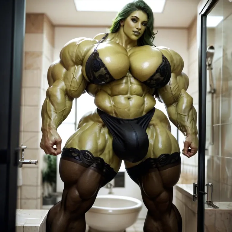 She Hulk, hyper massive muscles female, massive muscles buff, hyper gigantic muscles mass, hyper gigant muscles, hyper giant muscles, hyper muscle tank, pectorales, Black Lingerie and Stockings, bigger Futanari Cock bulge, bathroom,