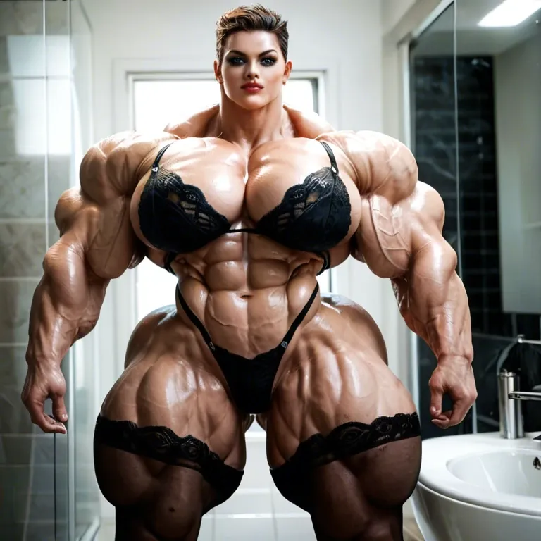 Batwoman tomboy, hyper massive muscles female, massive muscles buff, hyper gigantic massive muscles mass, hyper gigantic muscles Body, pectorales, pecs, Black Lingerie and Stockings, bathroom