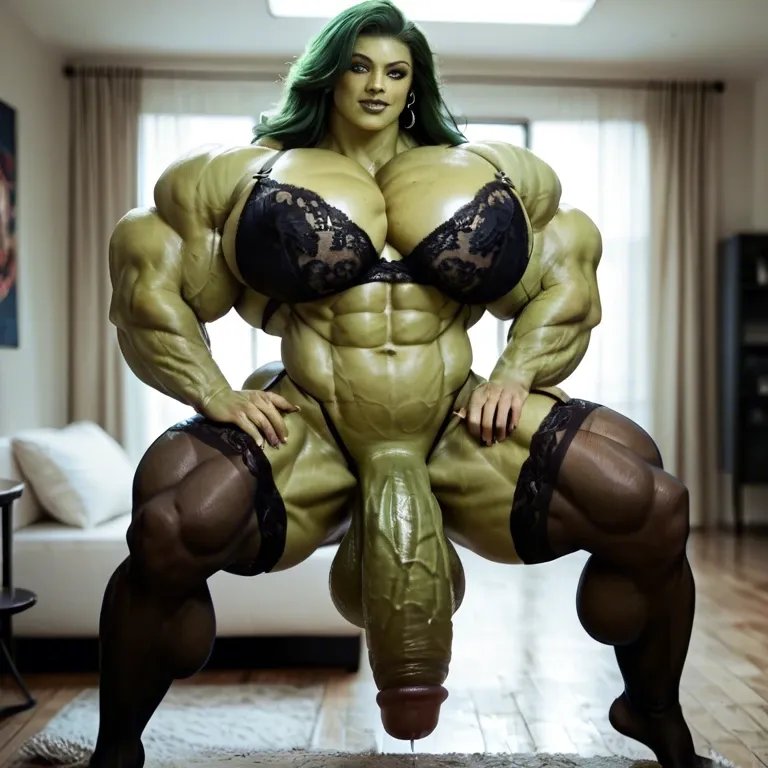 She Hulk, hyper massive muscles female, massive muscles buffet, hyper gigantic muscles mass, hyper gigant muscles, hyper giant muscles, pectorales, pecs, Black Lingerie and Stockings, big pussy, room, futa