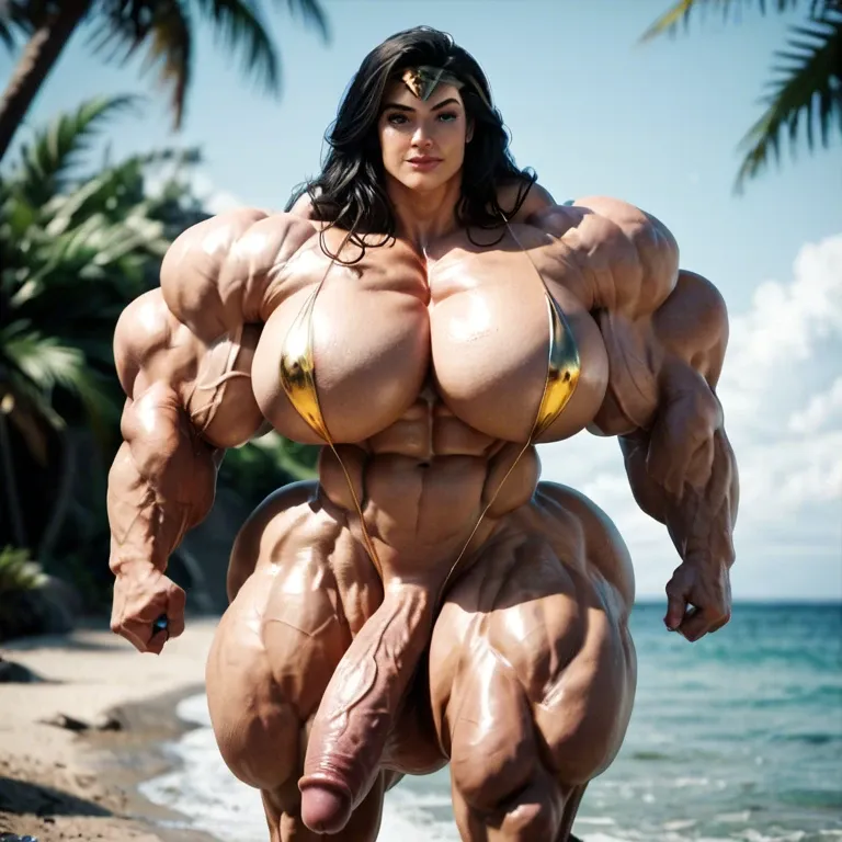 Wonder woman, hyper massive muscles female, massive muscles buffet, hyper gigantic muscles mass, hyper gigant muscles body, hyper giant muscles, hyper muscle tank, breasts, big pussy, sling bikini, beach futa