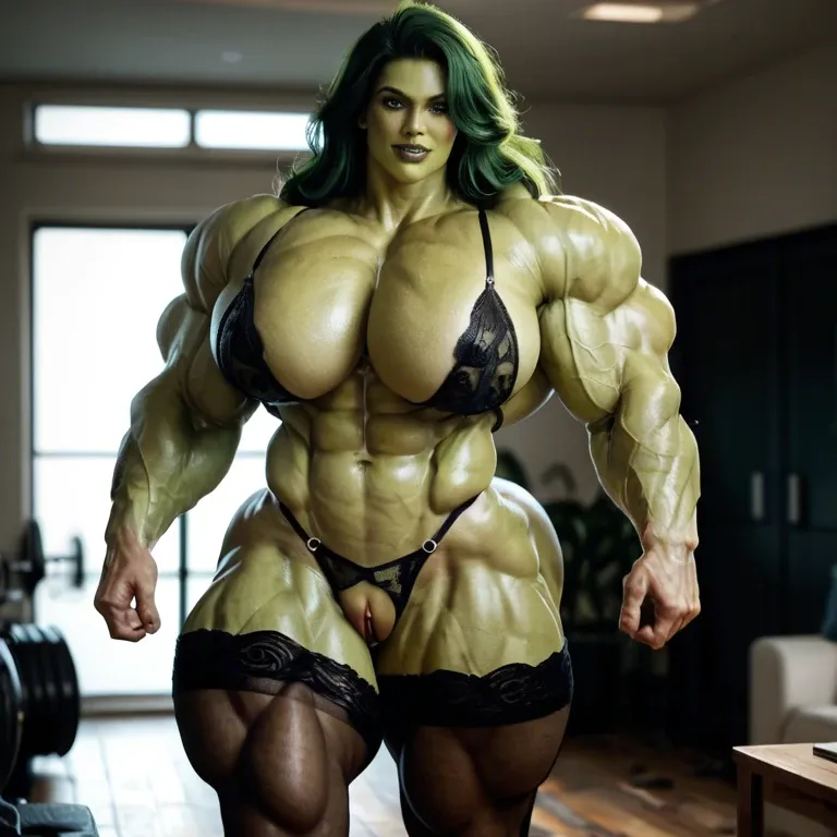 She Hulk, hyper massive muscles female, massive muscles buffet, hyper gigantic muscles mass, hyper gigant muscles, hyper giant muscles, pectorales, pecs, Black Lingerie and Stockings, big clitoris, room,