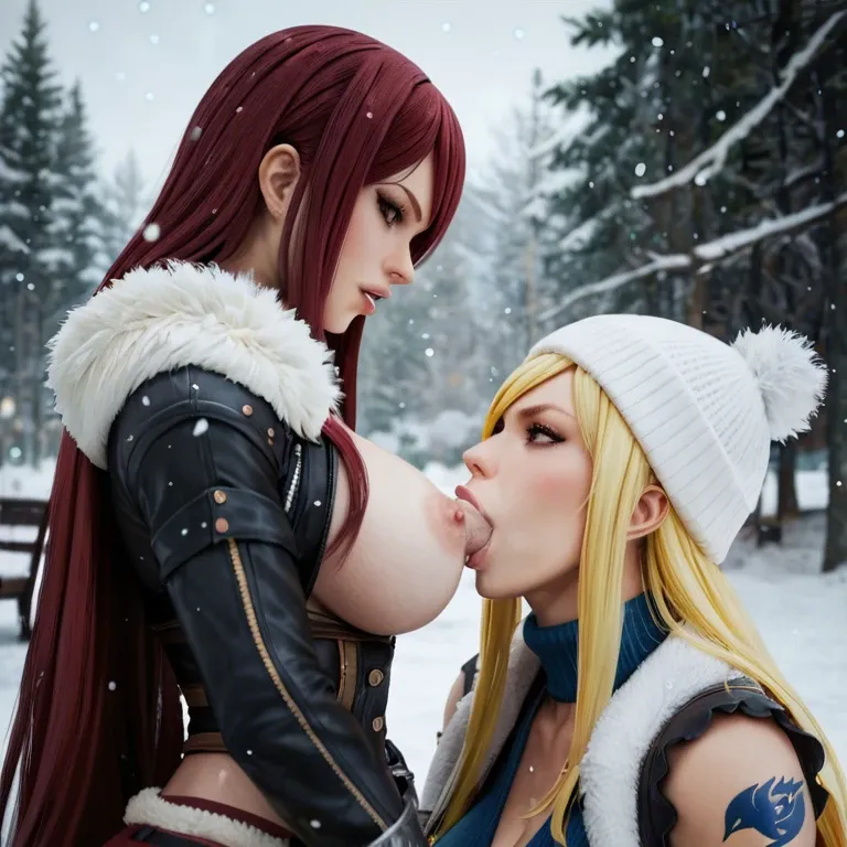 Erza scarlet from fairy tail, lucy heartfilia from fairy tail, lesbian, two women, blowjob, deepthroat blowjob, futanari, large penis, large breasts, outside park, winter, daytime, snowing, long sweater, blue jeans unzipped, standing, precum, dripping cum, looking at viewer, top down view, close up, selfie