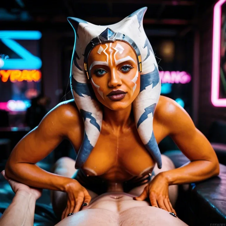 Pov photo, ULTRA REALISTIC femboy ahsoka tano, in a futuristic cyberpunk sex club,  wild neon, neon colored lights, realistic orange skin, topless boy chest, realistic detailed face and eyes, high definition HD 8K, realistic vibrant lighting, no text, unique view, extreme close-up, extreme close-up, extreme close-up, pov sucking off two men cumshot, lying on her back, missionary position, you can feel her breath, athletic arms, pov blowjob, graphic sex scene, super detail, cum dripping into her mouth, cum dumpster