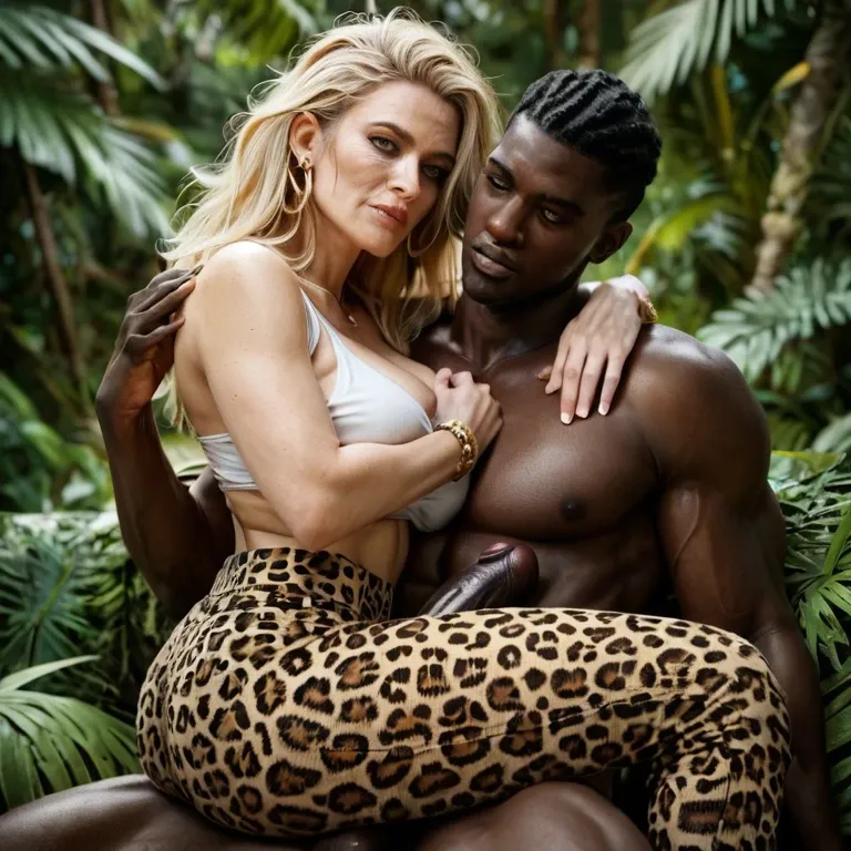 Jungle. Blonde milf. Messy hair. Tired. No shirt. Safari. Sexy leopard leggings. BBC. Interracial. Black men. Two black men. Cocks out of pants. Hugging. Cuddling. Black cock handjob