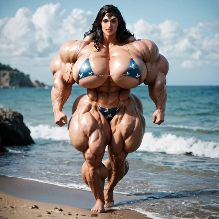 Wonder woman, hyper massive muscles female, massive muscles buffet, hyper gigantic muscles mass, hyper gigant muscles body, hyper giant muscles, hyper muscle tank, breasts, big pussy, bikini, beach