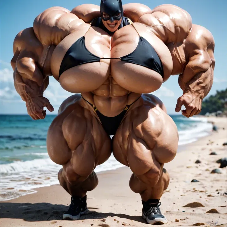 Batgirl tomboy, hyper massive muscles female, massive muscles buff, hyper gigantic massive muscles mass, hyper gigantic muscles Body, pectorales, pecs, hyper muscle tank, big pussy, futa, Bikini, beach,