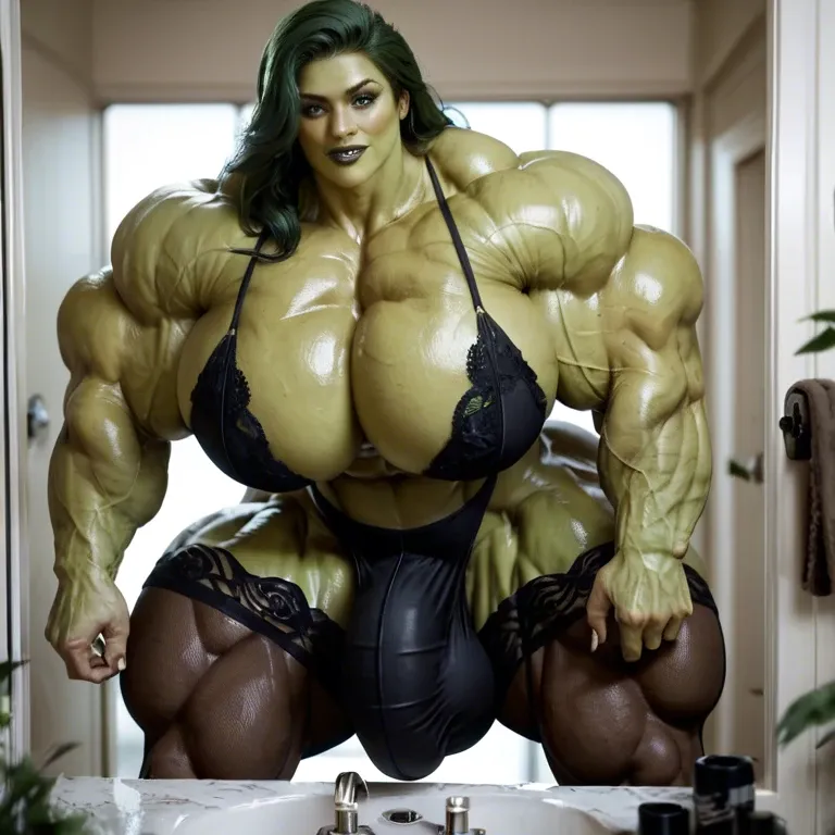 She Hulk, hyper massive muscles female, massive muscles buffet, hyper gigantic muscles mass, hyper gigant muscles, hyper giant muscles, hyper muscle tank, pectorales, Black Lingerie and Stockings, bigger Futanari Cock bulge, bathroom,