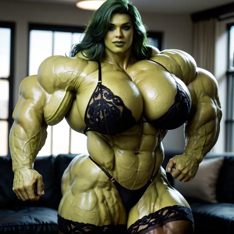 She Hulk, hyper massive muscles female, massive muscles buffet, hyper gigantic muscles mass, hyper gigant muscles, hyper giant muscles, pectorales, pecs, Black Lingerie and Stockings, big pussy, room,