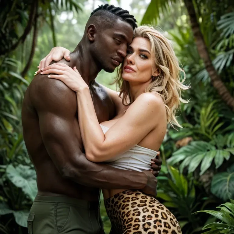 Jungle. Blonde milf. Messy hair. Tired. No shirt. Safari. Sexy leopard leggings. Big booty. BBC. Interracial. Black men. Two black men. Cocks out of pants. Hugging. Cuddling