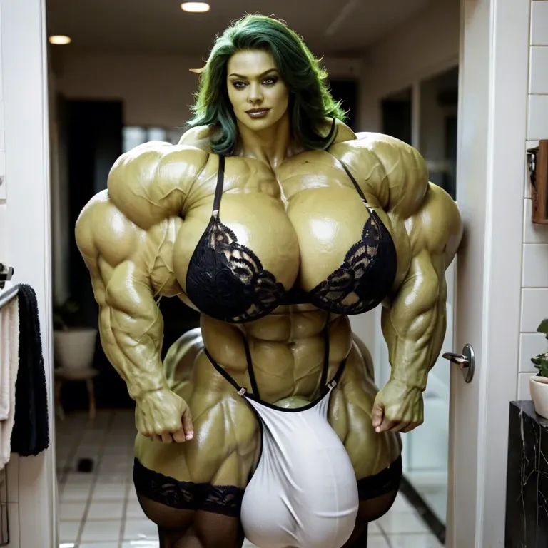 She Hulk, hyper massive muscles female, massive muscles buffet, hyper gigantic muscles mass, hyper gigant muscles, hyper giant muscles, hyper muscle tank, pectorales, Black Lingerie and Stockings, bigger Futanari Cock bulge, bathroom,