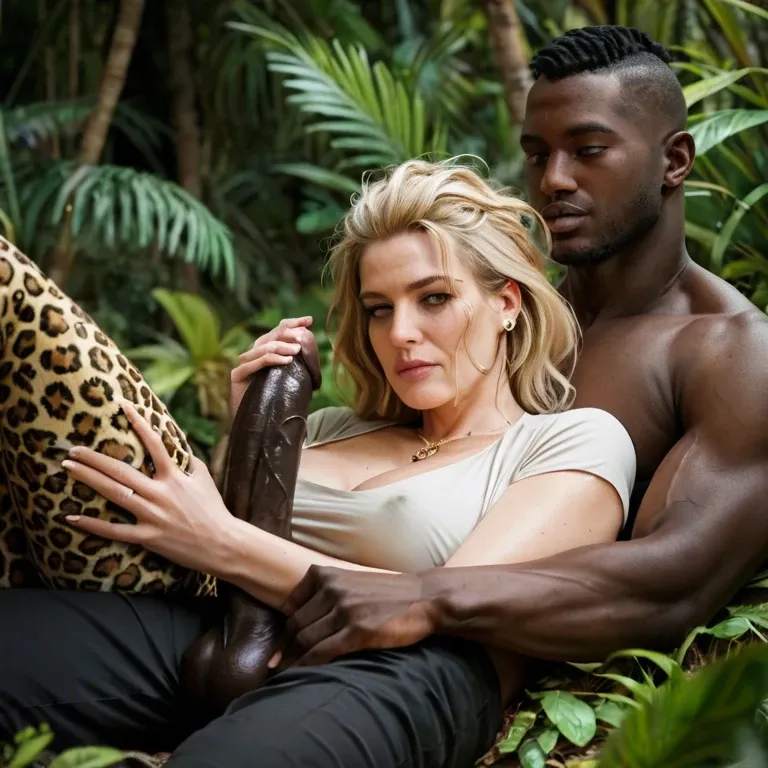 Jungle. Blonde milf. Messy hair. Tired. No shirt. Safari. Sexy leopard leggings. BBC. Interracial. Black men. Two black men. Cocks out of pants. Hugging. Cuddling. Black cock handjob