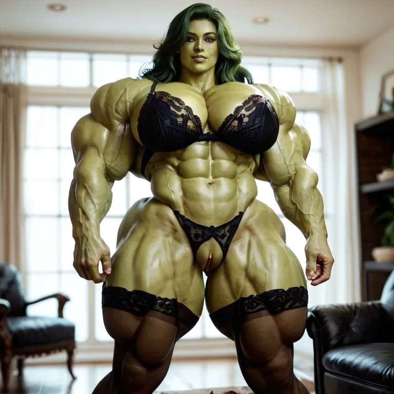 She Hulk, hyper massive muscles female, massive muscles buff, hyper gigantic muscles mass, hyper gigant muscles, hyper giant muscles, pectorales, pecs, Black Lingerie and Stockings, big clitoris bulge, home