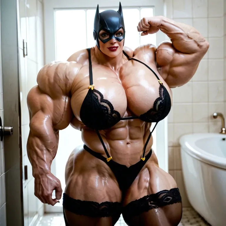 Batgirl, hyper massive muscles female, massive muscles buff, hyper gigantic massive muscles mass, hyper gigantic muscles Body, pectorales, pecs, Black Lingerie and Stockings, bathroom