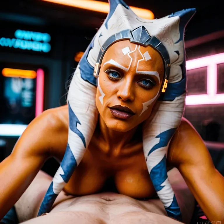 Pov photo, ULTRA REALISTIC Seductive ahsoka tano, in a futuristic cyberpunk sex club,  wild neon, neon colored lights, realistic orange skin, topless, realistic detailed face and eyes, high definition HD 8K, realistic vibrant lighting, no text, unique view, extreme close-up, extreme close-up, extreme close-up, pov handjob cumshot, cowgirl position, you can feel her breath, athletic arms, pov blowjob, graphic sex scene, super detail, cum dripping into her mouth, cum dumpster