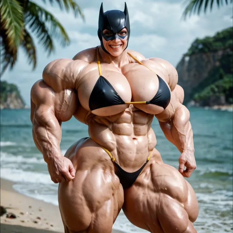 Batgirl tomboy, hyper massive muscles female, massive muscles buff, hyper gigantic massive muscles mass, hyper gigantic muscles Body, pectorales, pecs, hyper massive muscle legs, Bikini, beach,