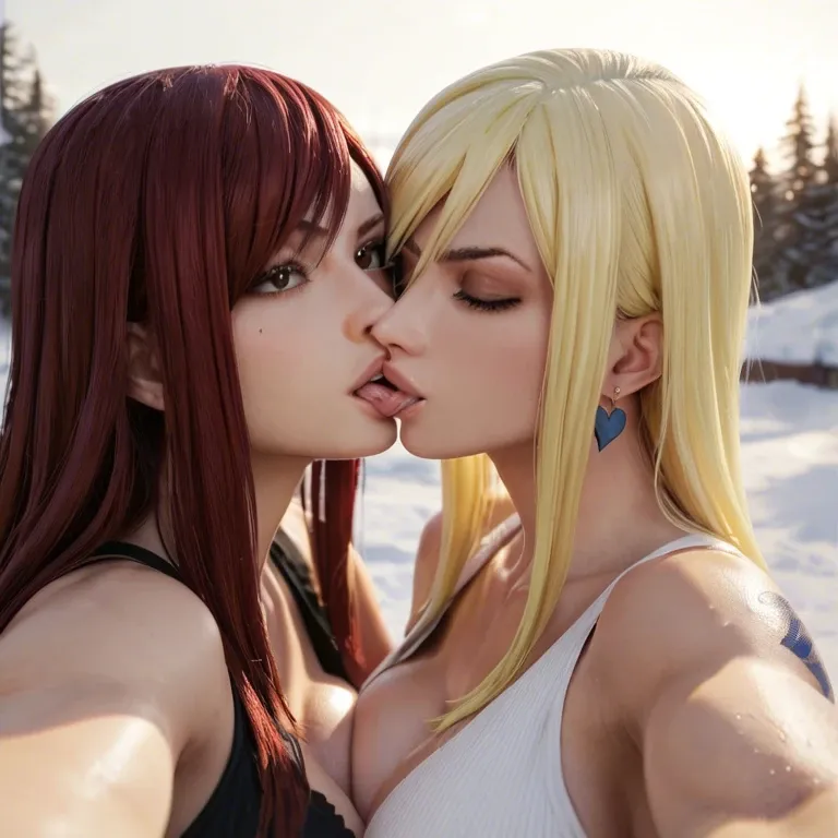 Futanari Lucy heartfilia from fairy tail, erza scarlet from fairy tail, lesbian, two women, snow park, kissing, selfie