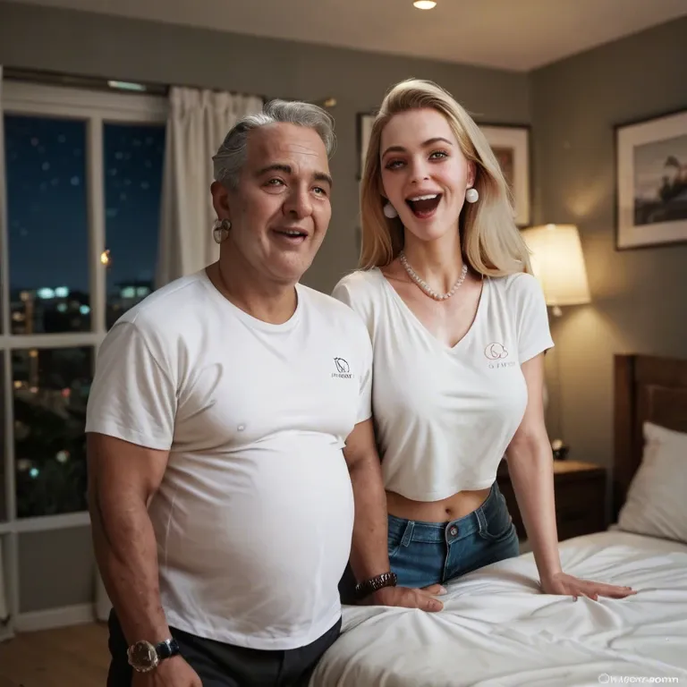 Blonde woman, standing,old fat skinned arabic man,in bed, at night,pearl necklace and earrings,excited_eyes, Two breast out,hand_under_shirt