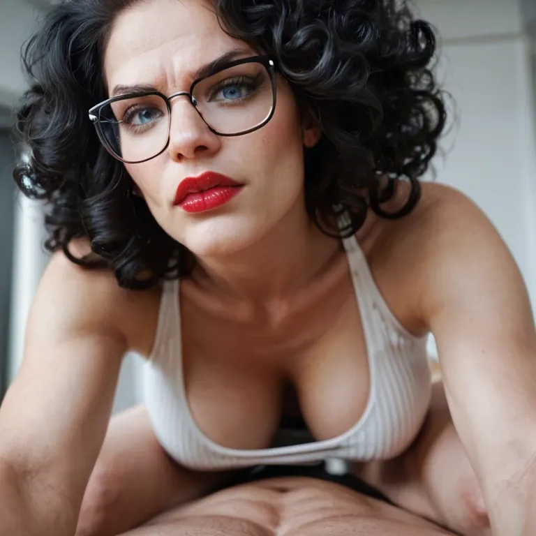 pov perspective, realistic, big curly black hair, pale-white skin, deep blue eyes, black-rimmed glasses, red lips, angry face expression, c-cup breasts, sitting on hands and knees