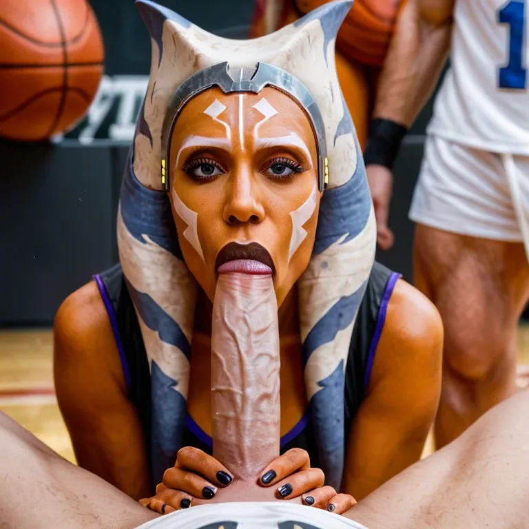 basketball player, Ahsoka tano, orange skin celebrity, highly detailed photo, sensual pose, accurate likeness, blowbang for her fans, black dudes,  basketball, closeup, she sucks on their gigantic black cocks, ((cumshot facial))