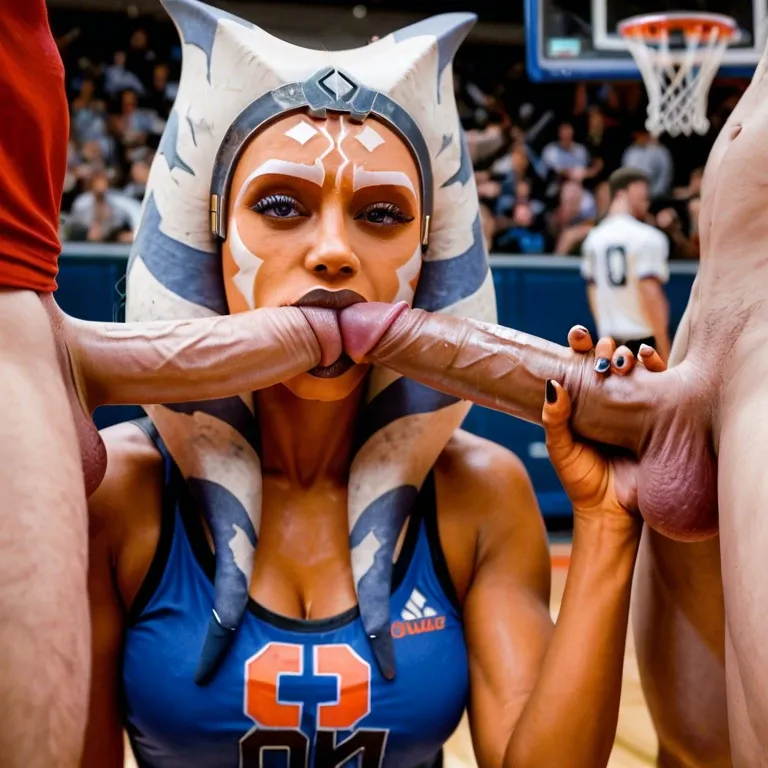 basketball player, Ahsoka tano, orange skin celebrity, highly detailed photo, sensual pose, accurate likeness, blowbang for her fans, black dudes,  basketball, closeup, she sucks on their gigantic black cocks, cumshot facial