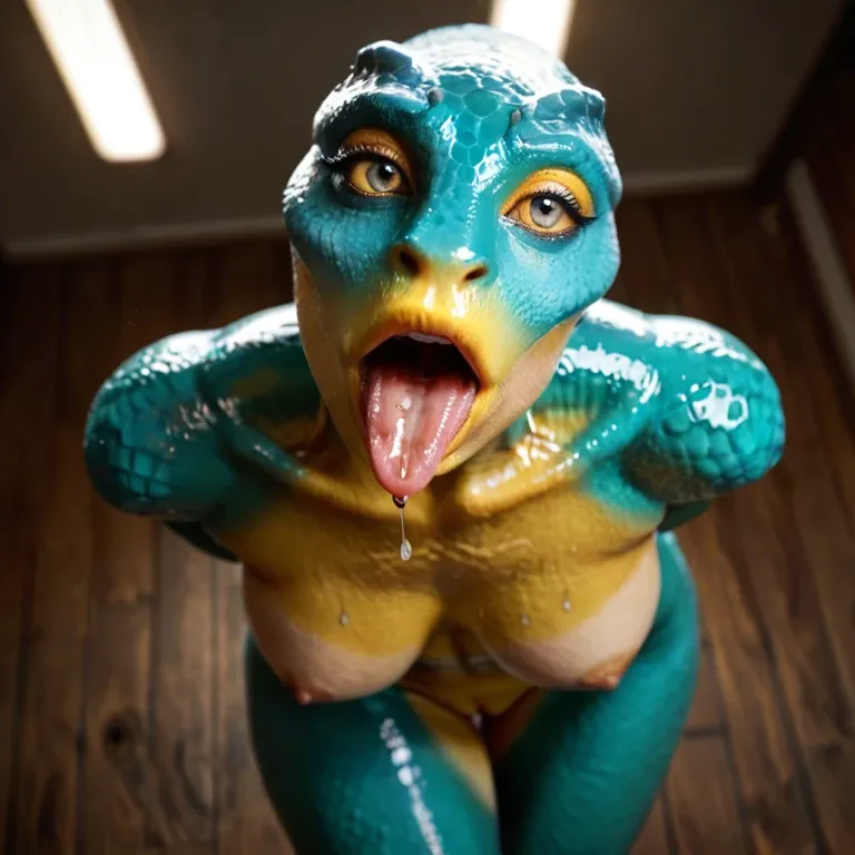 yellow reptile eyes, amphibian skin, turquoise skin, twisted tongue, open mouth, nude breasts, standing, looking up, oiled skin, drooling, spit, shaved pussy, reptile head