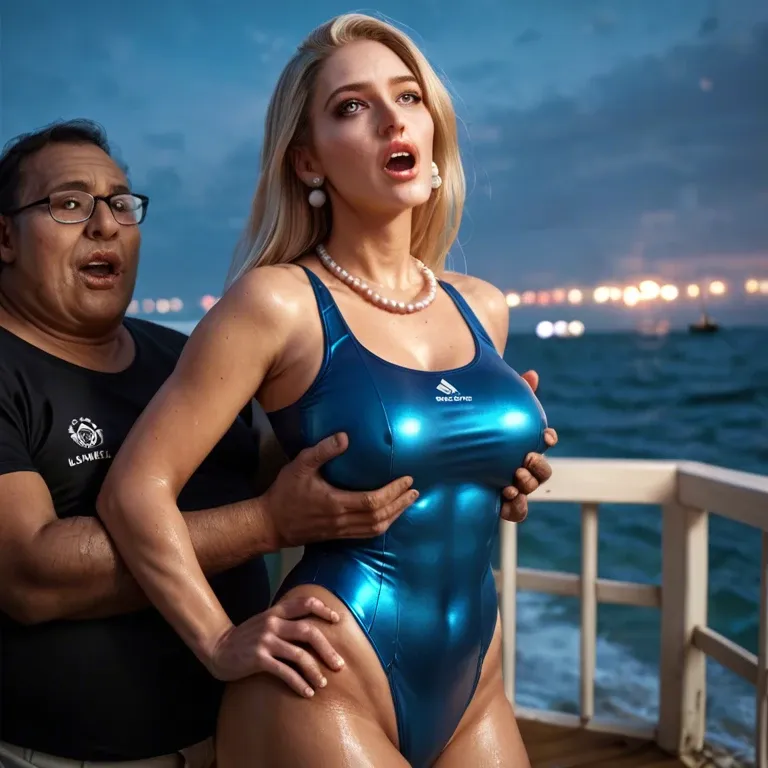 Blonde woman, standing,old fat skinned arabic man,at night,pearl necklace and earrings,excited_eyes, Two breast out,grabbing_from_behind, in the sea, One-piece Swimsuit