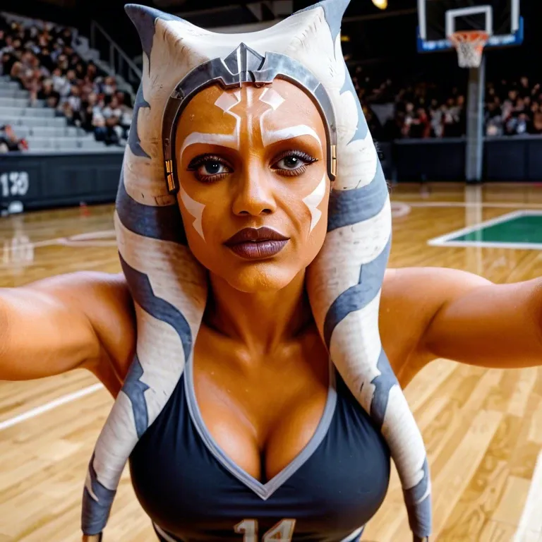 basketball player, Ahsoka tano, orange skin celebrity, highly detailed photo, sensual pose, accurate likeness, free fuck to a lucky fan