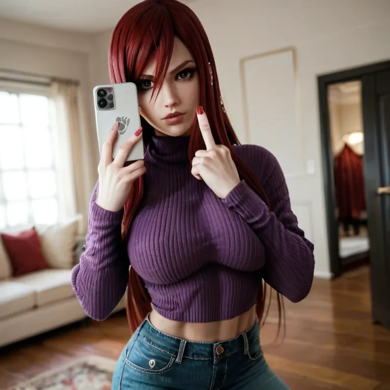 Erza Scarlet from Fairy Tail in a purple sweater and green jeans shows the middle finger in a selfie