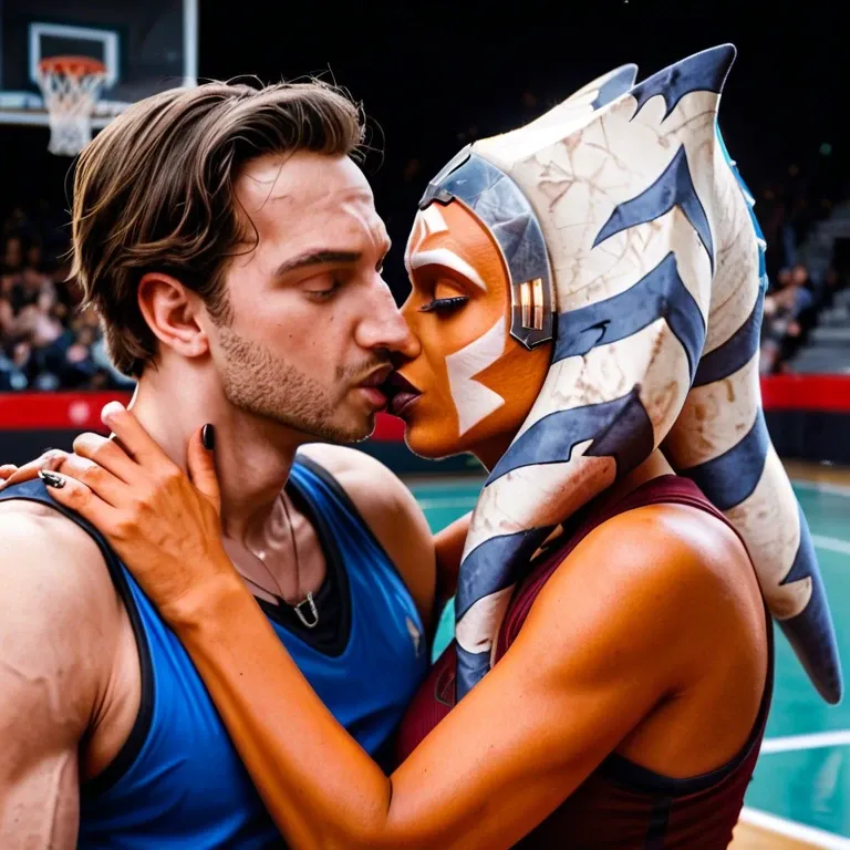 basketball player, Ahsoka tano, orange skin celebrity, highly detailed photo, sensual pose, accurate likeness, free kiss for a lucky fan