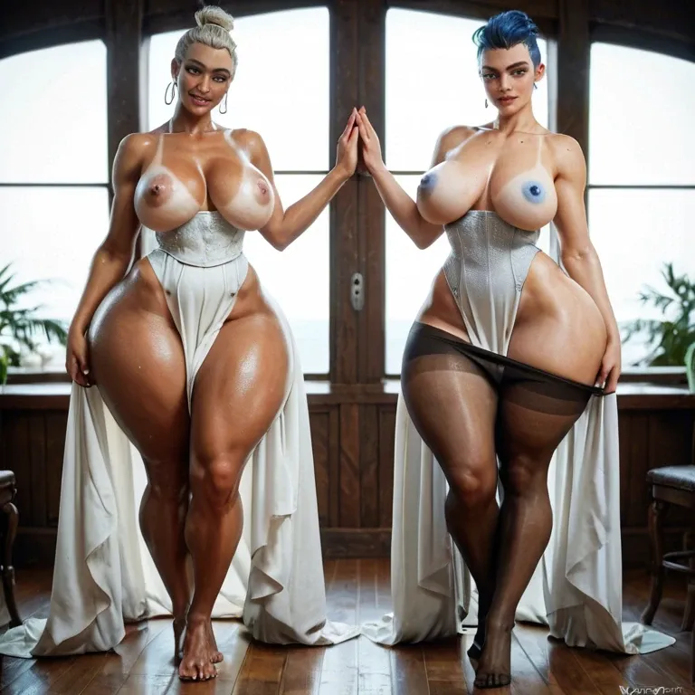 2girl, , , , mole under eye,two-handed,perky tits,gigantic hips,shoulder, sharp jawline,feet on head,blue nipples,backlit,tan line, white dress,pantyhose pull,golden tiara,black lace bra,knee boots, wet shirt,black fishnet,suspenders,teddy,black boots, black skirt,knee socks,elbow gloves,micro bikini,heels, bedroom eyes, gardens, medieval dress, robot body, source anime, dark pupils, ariel, dynamics