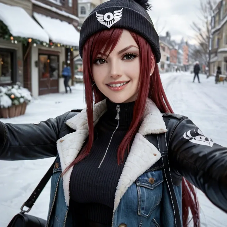 Erza Scarlett from Fairy Tail selfie in a jacket and hat in jeans on the street in winter, snow, smile 1 human