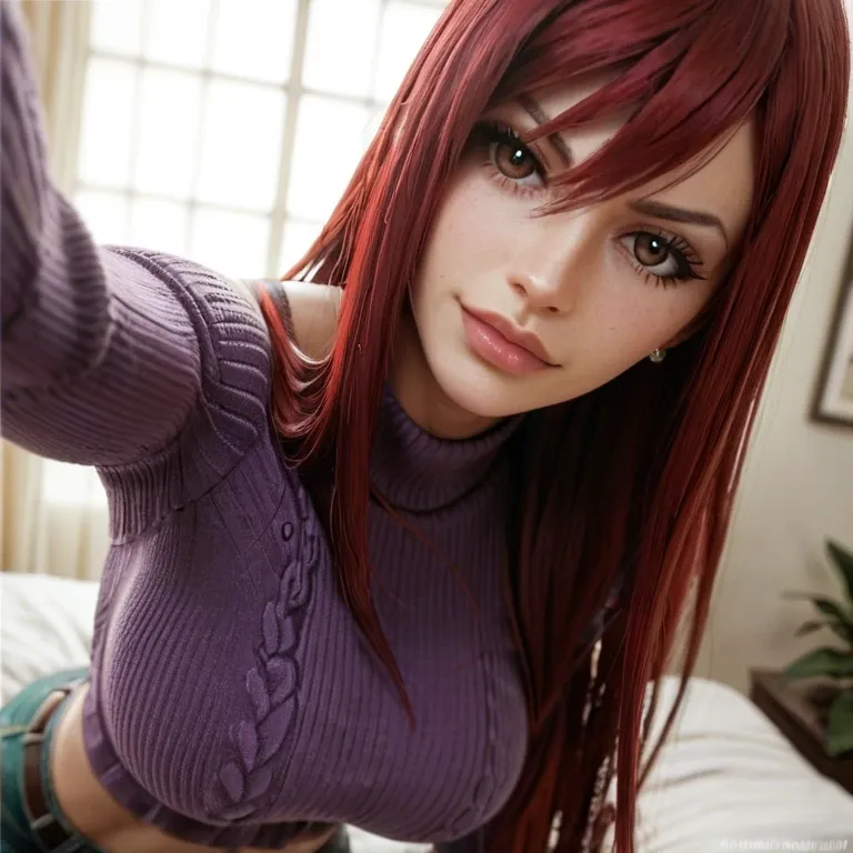 Erza Scarlet from Fairy Tail in a purple sweater and green jeans  in a selfie