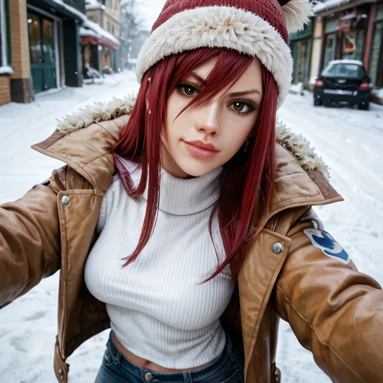 Erza Scarlett from Fairy Tail selfie in a jacket and hat in jeans on the street in winter, snow