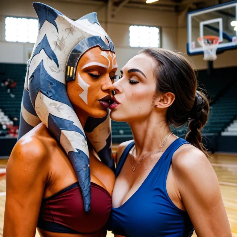 basketball player, Ahsoka tano, orange skin celebrity, highly detailed photo, sensual pose, accurate likeness, free kiss for a lucky female fan