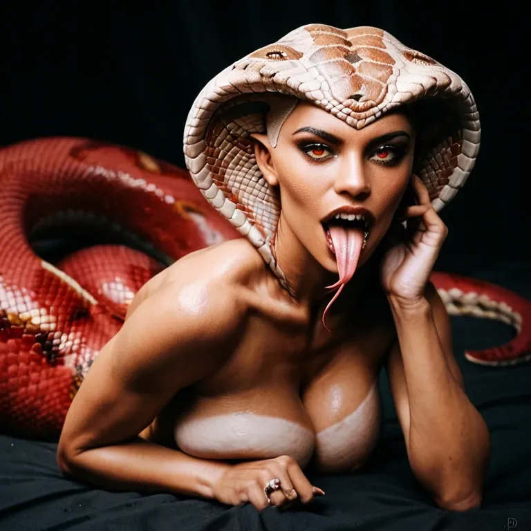 lamia tail, lamia body, nude breasts, snake skin, dark red skin, snake tail, snake skin, cobra head, snake eyes, fangs, open mouth, very long snake tongue